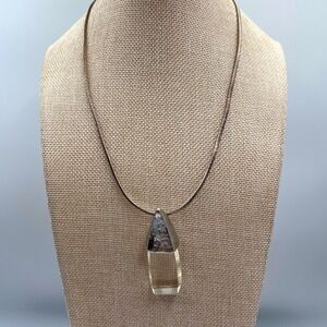 Vintage Clear Lucite Pendant Necklace Brutalist Silver Tone Textured Cap 18"